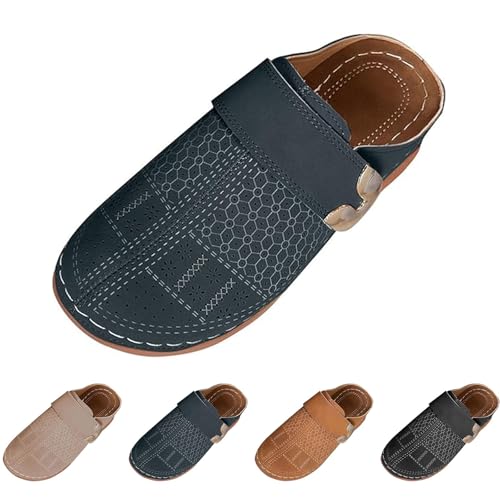 Damen-Leder-Clogs mit Keilabsatz, geschlossene Zehen, atmungsaktiv, ausgeschnitten, mit Metallschnalle, orthopädische Wanderpantoletten mit Fußgewölbeunterstützung, leichte Pantoletten für den Urlaub von Generisch