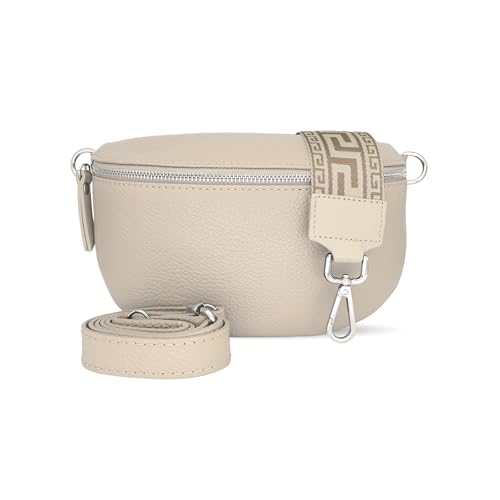 Generisch Bauchtasche Damen, Umhängetasche aus 100% Echtleder, Elegante Crossbody-Bag mit gemusterten & verstellbaren Schultergurt, Schultertasche für jeden Anlass Beige4 M von Generisch