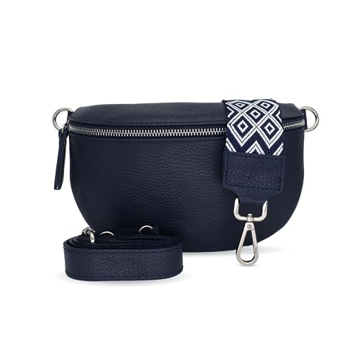 Generisch Bauchtasche Damen, Umhängetasche aus 100% Echtleder, Elegante Crossbody-Bag mit gemusterten & verstellbaren Schultergurt, Schultertasche für jeden Anlass Blau3 M von Generisch