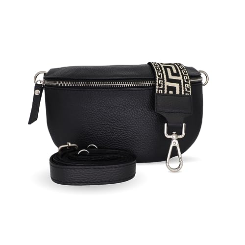 Generisch Bauchtasche Damen, Umhängetasche aus 100% Echtleder, Elegante Crossbody-Bag mit gemusterten & verstellbaren Schultergurt, Schultertasche für jeden Anlass Schwarz4 M von Generisch