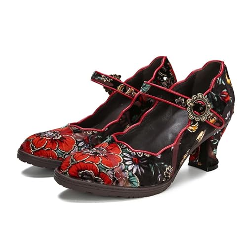 Damen Leder Mary Jane Schuhe, Bunte Vintage Exotische Mary Jane Schuhe Floral Leder Pumps (Red Floral, eu_Footwear_Size_System, Adult, Women, Numeric, medium, Numeric_41) von Generisch