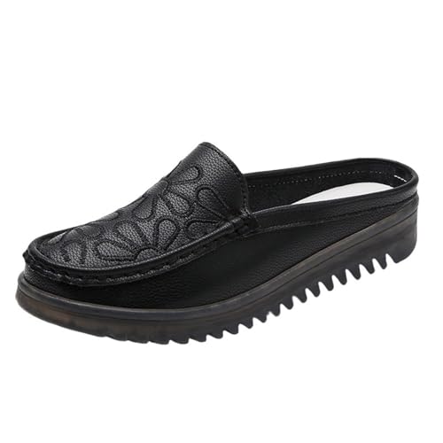 Damen Leder Sandalen Vorne Geschlossene Pantoletten Hinten Offen Hausschuhe Leicht Lässig Elegant Sommerschuhe Flache Slip On Slippers Bequeme Sandalen Weichen Sohlen Loafers Freizeitschuhe von Generisch