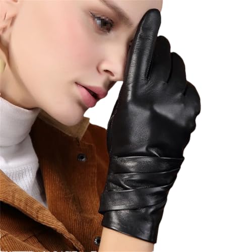 Damen Lederhandschuhe Schaffell Fünf Finger Handschuhe Winter Dicke Warme Mode Fäustlinge, Schwarz , 42 von Generisch