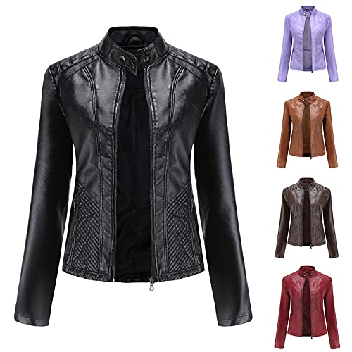 Damen Lederjacke Kurz Lange Ärmel Leder-Look Jacke mit Reißverschluss und Druckknopf Einfarbig Stehkragen Übergangsjacke Bomberjackenstil Bikerjacke in Lederoptik Wasserdicht Oberteile Blazer von Generisch