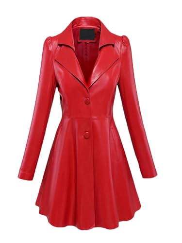 Damen-Ledermantel, Blazer, gekerbter Kragen, Puffärmel, Rock, Windbreaker, rot, 3XL von Generisch