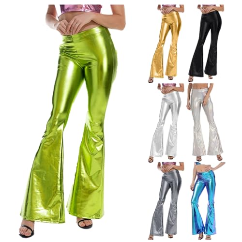 Damen Leggings Glänzend Metallisch Sportleggings Glänzende Hose mit Hoher Taille Shiny Leggings im Wet Look für Party Tanz Disco Kostüm Karneval Damen Metallic Glänzed Hose (2-Green, L) von Generisch