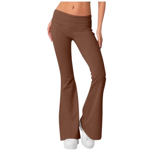 Damen-Leggings mit niedriger Leibhöhe, umklappbar, Baumwolle, Yogahose, Glockenunterteil, weites Bein, Lounge-Hose, braun, M von Generisch