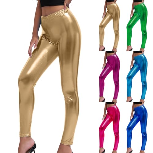 Damen Leggins in Lederoptik Latex Hose Hohe Taille Sexy glänzend Damen Skinny Leggings mit Metallic-Effekt mit elastischem Bund in einfarbig Kunstleder Glanz Metallic Partylook (11-Gold, M) von Generisch