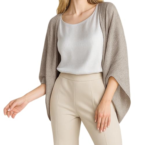 Damen Leinen Cardigan mit 3/4 Ärmeln Strickjacken Strandbluse Loose Bikini Cover Up Sommer Leicht Sweater Herbst Elegant Casual Jacken (DE/NL/SE/PL, Alphanumerisch, L, Regular, Regular, Kaki) von Generisch