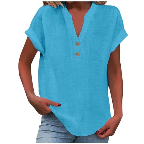 Damen Leinen Hemd Elegant mit Tasche Sommer Oversized Kurzarm Blusen Shirt Oberteile Elegant Bluse Oberteile Einfarbig Basic Unterhemd Top Hemdbluse Tunika Baumwolle von Generisch