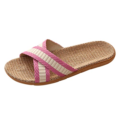Damen Leinen Sliders, Unisex Leichte Hausschuhe Rutschfeste Outdoor & Indoor Pantoffeln Offene Zehen Haus Slipper Flache Espadrilles Elegant Strohsandalen Leichte Badelatschen Weich Leinenschuhe von Generisch
