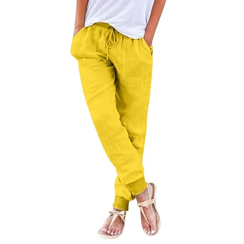 Damen Leinenhose Baggy Einfarbig Locker Sommerhose Bequeme Leicht Sommer Stoffhose Freizeithose Strandhose Bein Frauen Hosen Stretch Mit Taschen (AA-Yellow, M) von Generisch
