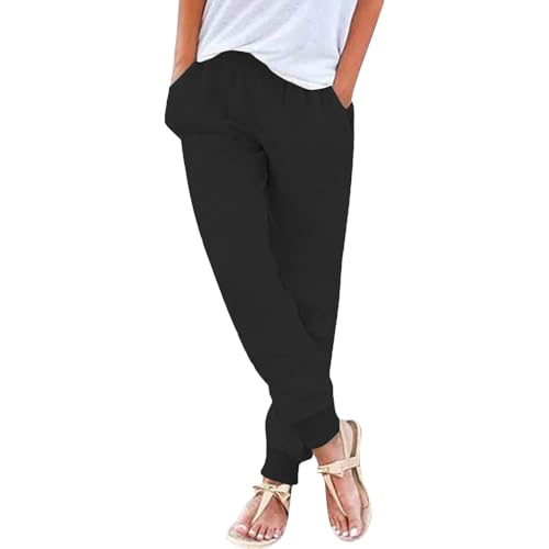 Damen Leinenhose Baggy Einfarbig Locker Sommerhose Bequeme Leicht Sommer Stoffhose Freizeithose Strandhose Bein Frauen Hosen Stretch Mit Taschen (AB-Black, L) von Generisch