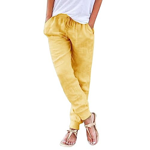Damen Leinenhose Einfarbig Stretch Leicht Straight Leg Freizeithose Sommer Casual 7/8 Hose Baumwolle Leinen Hosen Sommerhose Dünne Stoffhose mit Taschen Drawstring Pants Weiß XXL von Generisch