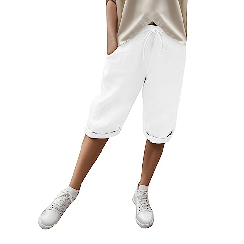 Damen Leinenhose Sommer Elastisch Einfarbig Strandhose Casual Bequeme Stoffhose Pants mit Kordelzug Leicht Und Luftig Stretch-Sommerhose Sport Lässige Hohe Taille Caprihose Mode Musselin Freizeithose von Generisch