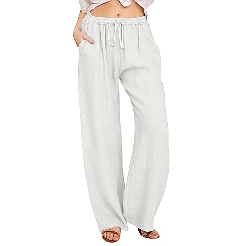 Damen Leinenhose Weite Sommerhosen Leicht Casual Loose Stoffhose Sommer Freizeit Lang Hose Lang Einfarbig Strandhose Hippie Boho Haremshosen von Generisch