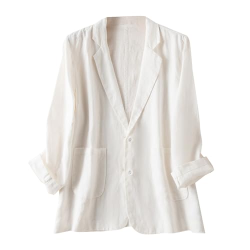 Damen-Leinenjacken, lässig, langärmelig, leicht, Frühling, Sommer, Anzugjacke, modische Jacke, weiß, M von Generisch