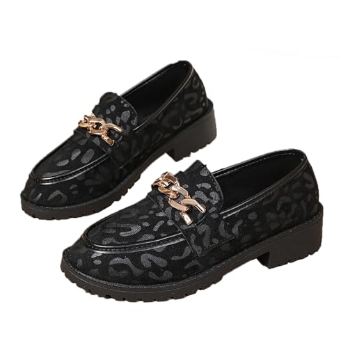 Damen Leopardenmuster Wildleder Blockabsatz Loafer Elegant Runde Zehen Slip On Chunky Penny Loafer Casual Walking Schuhe Business Schuhe, Schwarz , 38 EU von Generisch
