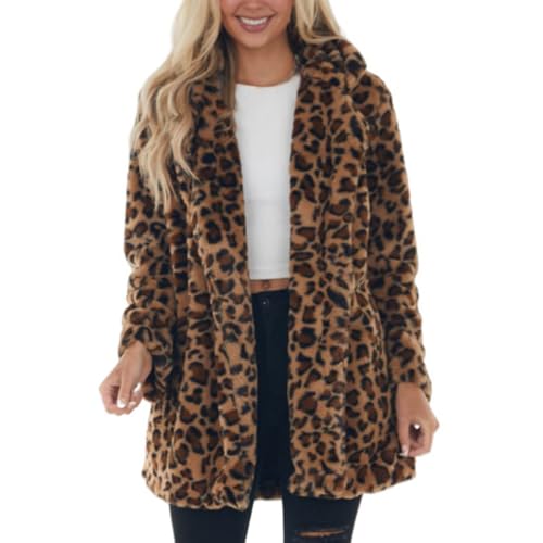 Damen Leopardenmuster mittellange Jacke, Frauen Kunstpelz Jacken Herbst Winter Leopard Mäntel Lose Pelzmantel mit Taschen, braun, S von Generisch
