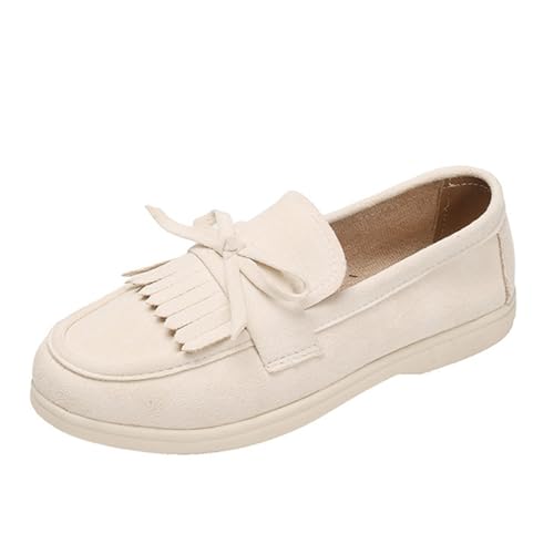 Damen Loafer Schleife Quasten Spitze Spitze Bequeme Leichte -On Freizeit Wanderschuhe (Beige, 41) von Generisch