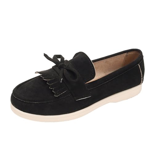 Damen Loafer Schleife Quasten Spitze Spitze Bequeme Leichte -On Freizeit Wanderschuhe (Black, 42) von Generisch