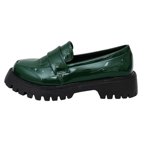 Damen Loafer mit Absatz mit Plateausohle Glänzend Leder Plateau Schuhe Slip On Bequeme Trendy Freizeit Loafer Größe 36-42 (Green, 41) von Generisch