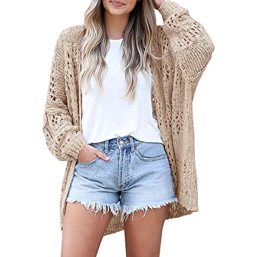 Damen Long Cardigan Sommer Lochmuster Strickjacke Oversize Grobstrick Grau Strickjacken Langarm Aushöhlen Loose Strickcardigan Leichte Übergangsjacke Langarm Solide Pullover Mantel von Generisch