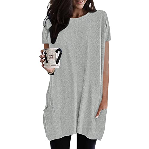 Damen Longshirt Kurzarm mit Tasche Oversized Tshirt Lang Longtops T-Shirt Sommer Oberteile Einfarbig Rundhals Longbluse Lässig für Leggings Pullover T-Shirts Tunika Tops von Generisch