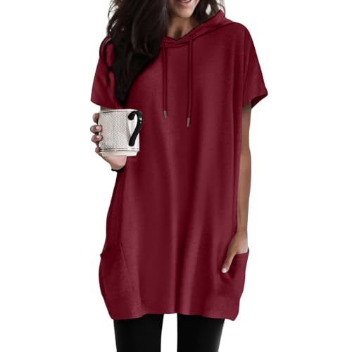 Damen Longshirt Kurzarm mit Tasche Oversized Tshirt Lang Longtops T-Shirt Sommer Oberteile Einfarbig Rundhals Longbluse Lässig für Leggings Pullover T-Shirts Tunika Tops von Generisch