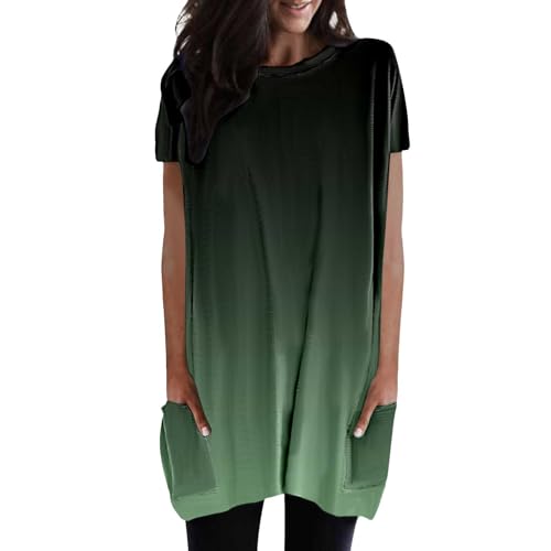 Damen Longshirt Kurzarm mit Tasche Oversized Tshirt Lang Longtops T-Shirt Sommer Oberteile Einfarbig Rundhals Longbluse Lässig für Leggings Pullover T-Shirts Tunika Tops von Generisch