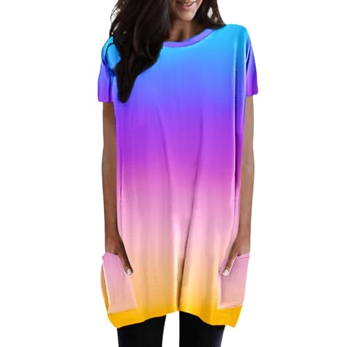 Damen Longshirt Kurzarm mit Tasche Oversized Tshirt Lang Longtops T-Shirt Sommer Oberteile Einfarbig Rundhals Longbluse Lässig für Leggings Pullover T-Shirts Tunika Tops von Generisch