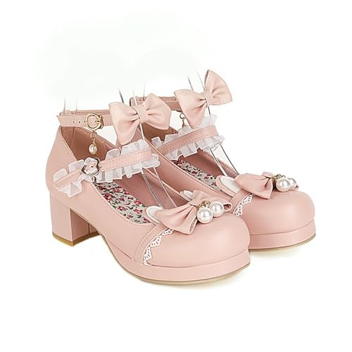 Damen Low Block Kitten Heel Mary Jane Sweet Style Chunky Base Einzelstück zierliche Schleife mittlere Höhe Lolita Ästhetische Hochzeitsfeier, 03 Rosa, 36 EU Damen Low Block Kitten Heel Mary Jane Sweet Style Chunky Base Einzelstück zierliche Schleife mittlere Höhe Lolita Ästhetische Hochzeitsfeier, 03 Rosa, 36 EU von Generisch