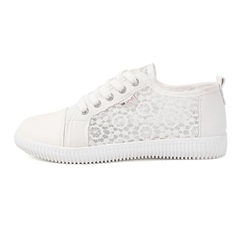 Damen Mädchen Sommer Stickerei Spitze Plimsolls Turnschuhe Schnüren Mesh Sneakers Plateau Weiss Sneakers Brautschuhe Flach Lederschuhe von Generisch