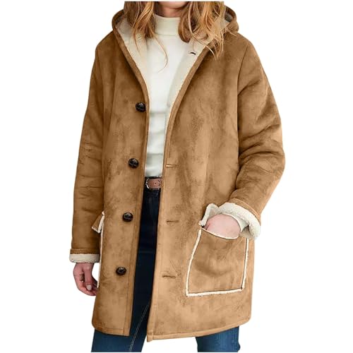 Damen Mantel Winter Wildleder Lang Wintermantel Damen Warm Gefüttert mit Kapuze Trenchcoat Damen Elegant mit Knöpfen Lange Wildlederjacke Frauen Innenfutter Dicke Winterjacke Warme mit Taschen von Generisch