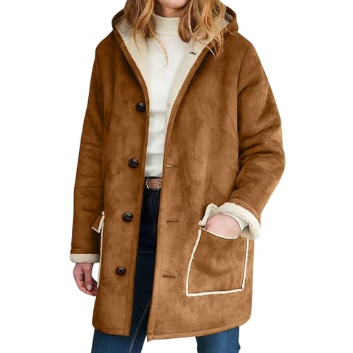 Damen Mantel Winter Wildleder Lang Wintermantel Damen Warm Gefüttert mit Kapuze Trenchcoat Damen Elegant mit Knöpfen Lange Wildlederjacke Frauen Innenfutter Dicke Winterjacke Warme mit Taschen von Generisch