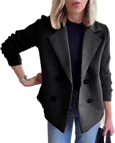 Damen-Mantel mit Reversknopf, gestrickt, Patchwork-Ärmel, lässiger Mantel, kurze zweireihige Jacke, Blazer, Anzug für Frauen, Schwarz , S Damen-Mantel mit Reversknopf, gestrickt, Patchwork-Ärmel, lässiger Mantel, kurze zweireihige Jacke, Blazer, Anzug für Frauen, Schwarz , S von Generisch