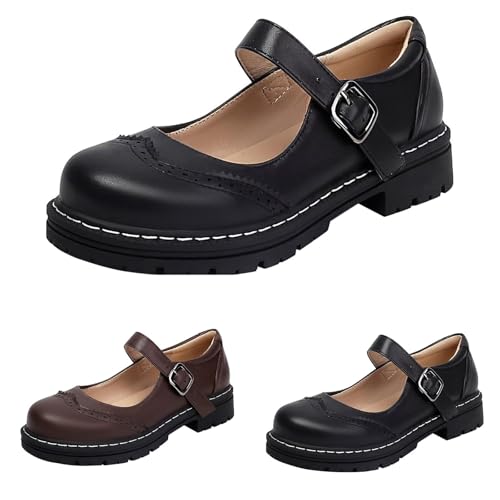 Damen Mary Jane Schuhe Plateau Freizeitschuhe Damen Leder Komfortschuhe Elegant Walkingschuhe Mit Schnallen Halbschuhe Mit Absatz Einfarbig Loafers Fitnessschuhe Lederschuhe Casual Damenschuhe von Generisch