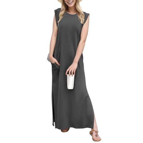 Damen Maxikleid Sommer Ärmellos Elegant Sommerkleid Damen Lang mit Schlitz A Linie Kleider Sommer Maxi mit Taschen Sommerkleider Leicht Und Luftig Kleid Frauen Rundhals Locker Strandkleid von Generisch