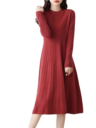 Damen Merinowolle Kleid Herbst und Winter Weich Slim Rundhals Strickkleid Lang Kleid, rot, XX-Large von Generisch