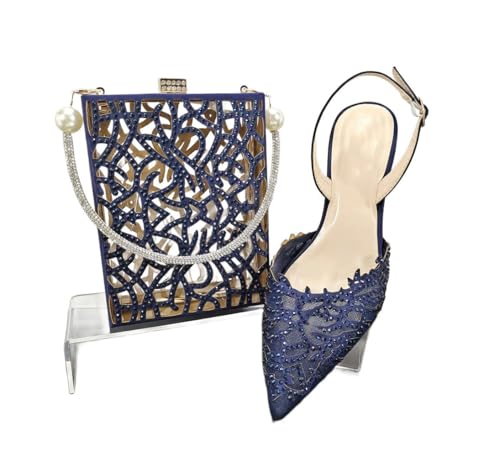 Damen Mesh Heels Taschen Set mit hohlen Design Strass Elegante Schuhe Set für Party Party Marineblau von Generisch
