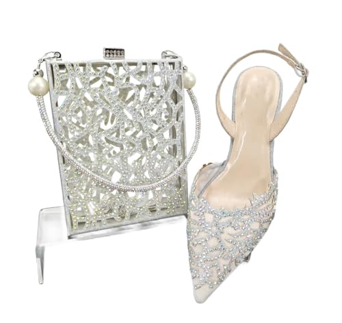 Damen Mesh Heels Taschen Set mit hohlen Design Strass Elegante Schuhe Set für Party Party Silber von Generisch