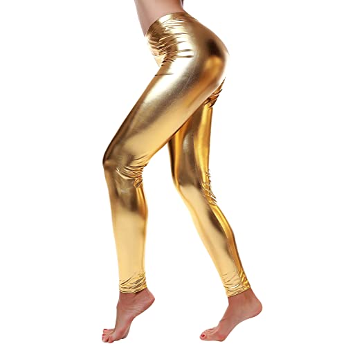 Damen Metallic Leggings glänzende Hose mit hoher Taille Shiny Leggings im Wet Look für Party Tanz Disco Kostüm Karneval Metallic Leggings Glänzend Glitzer Hose High Waist Shiny PU Hosen (2-Yellow, M) von Generisch