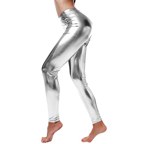 Damen Metallic Leggings glänzende Hose mit hoher Taille Shiny Leggings im Wet Look für Party Tanz Disco Kostüm Karneval Metallic Leggings Glänzend Glitzer Hose High Waist Shiny PU Hosen (2-White, XL) von Generisch