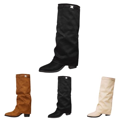 Damen Mid Calf Boots, bequeme Schlupfstiefel, klobiger Blockabsatz, spitz zulaufende Wanderschuhe, Wildleder, Slouch, lässig, hoher Absatz, Westernreitstiefel, Cowboystiefel, Schwarz , 39 EU von Generisch
