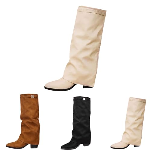 Damen Mid Calf Boots, bequeme Schlupfstiefel, klobiger Blockabsatz, spitz zulaufende Wanderschuhe, Wildleder, Slouch, lässig, hoher Absatz, Westernreitstiefel, Cowboystiefel, beige, 40 EU von Generisch