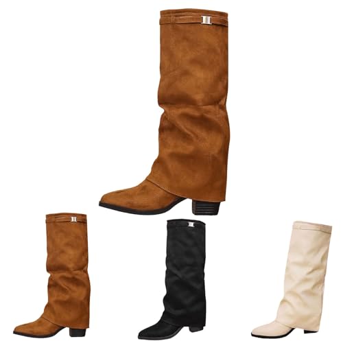 Damen Mid Calf Boots, bequeme Schlupfstiefel, klobiger Blockabsatz, spitz zulaufende Wanderschuhe, Wildleder, Slouch, lässig, hoher Absatz, Westernreitstiefel, Cowboystiefel, braun, 38.5 EU von Generisch