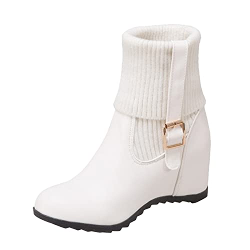 Damen Mid-Calf Stiefel mit verstellbarem Riemen gestricktem Schaft Innenerhöhung modischem Design für stilvolle Auftritte (White, 41) von Generisch