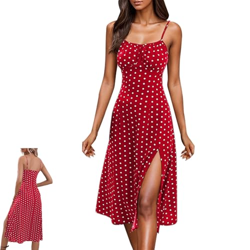 Damen Midikleid mit Spaghettiträgern und Punkten, ärmelloses Sommerkleid mit Schlitz, A-Linien-Strandkleid in Midiform (Rot,M) von Generisch