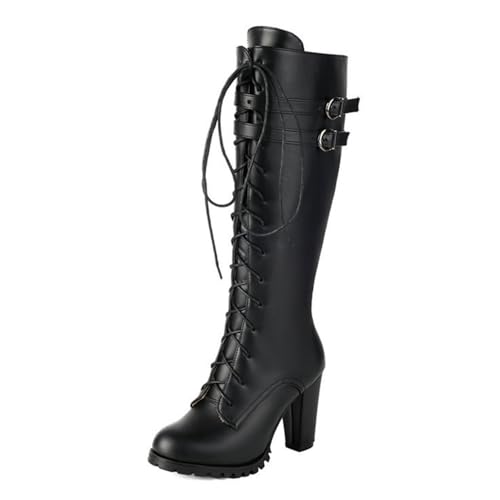 Damen Mode Plateau Blockabsatz kniehohe Stiefel Schnürung Schnalle Komfort Runde Zehen Reißverschluss Winter Goth Schuhe, Schwarz , 39.5 EU von Generisch