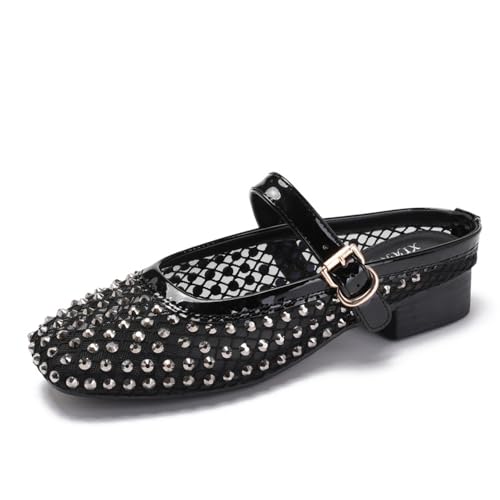 Damen Mode Strass Mesh Pantoletten Sandalen Slip On Rückenfrei Casual Atmungsaktiv Vielseitig Mary Jane Schuhe, Schwarz , 39 EU von Generisch